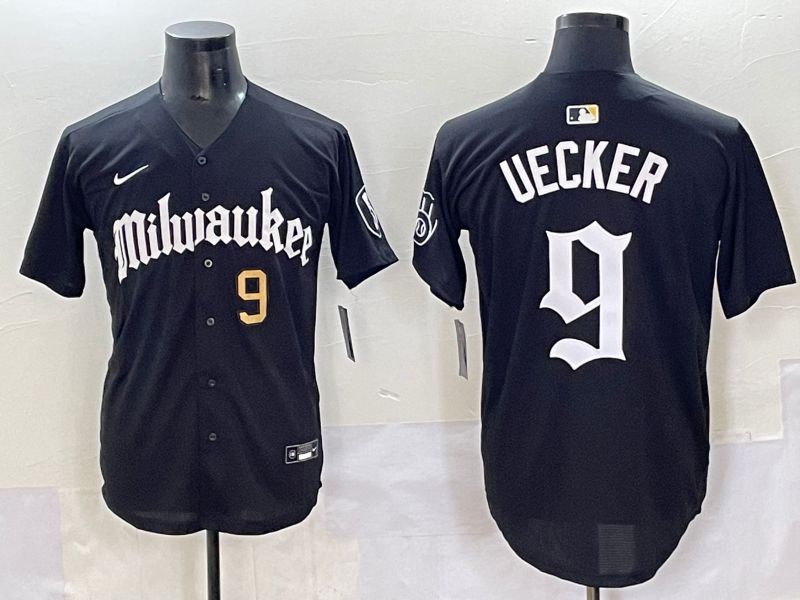Men 2025 Milwaukee Brewers #9 Uecker Black Five generations Joint Name Nike MLB Jersey style 8
